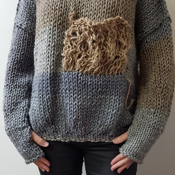 Wool winter set, hand knitted, gray/brown shades, sweater and matching hat - Picture 6 of 15